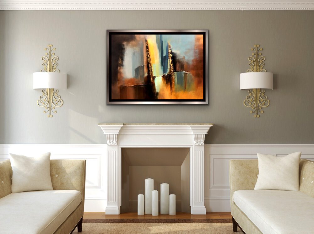 Fireplace Design Ideas: Materials, Colors, Design Styles 10 Add some art above fireplace. The artwork in the picture is by the Vancouver contemporary artist Farahnaz Samari