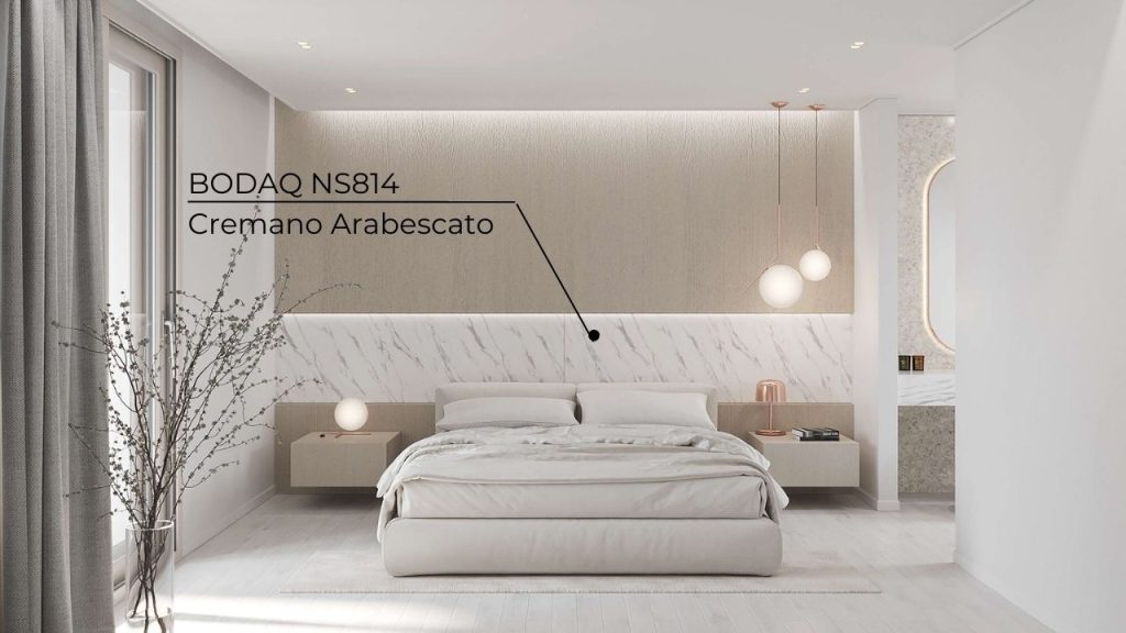 Off-White Wall Colors in Interior Design 24 NS814 Cremona Arabescato marble applied to the headboard in the bedroom