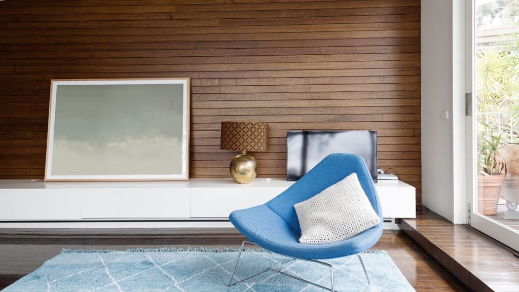 Reclaimed wood wall panels in the living room