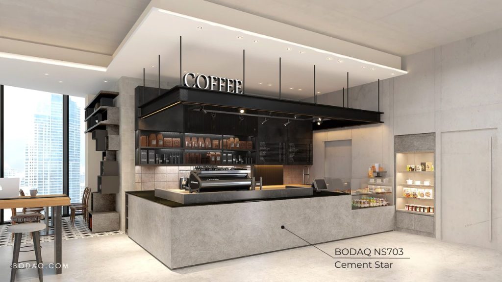Transforming Hotels with Bodaq Finishes 10 NS703 Cement Star interior film used to wrap coffee shop stand in the hotel