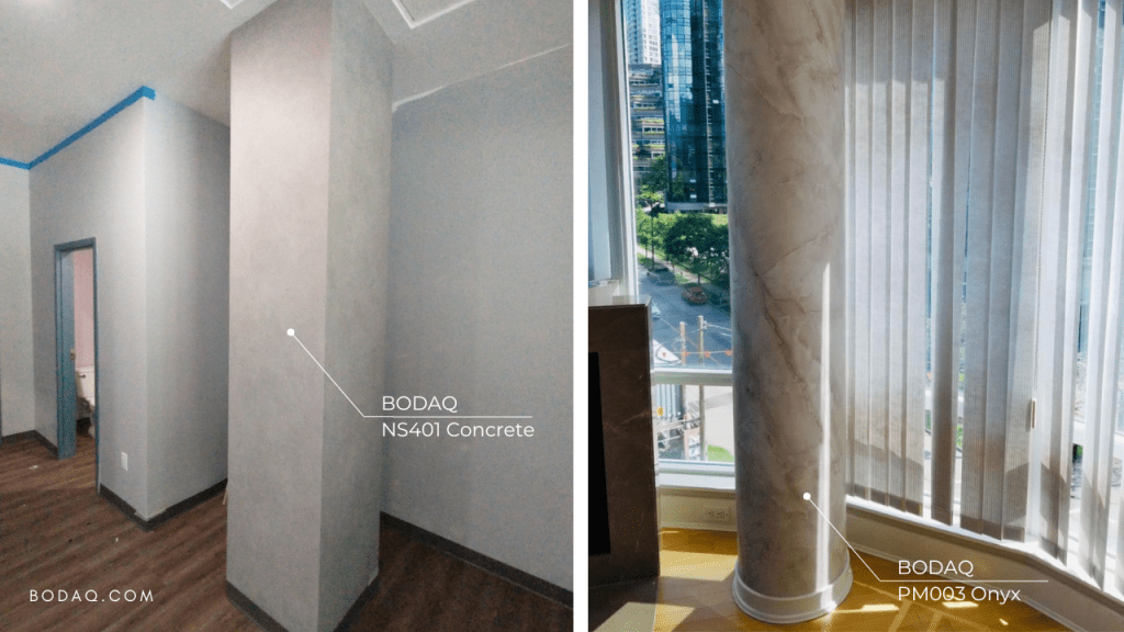 What to Do with Columns in Your House 11 What to do with columns in your home? Wrap them with Bodaq Interior Film. NS401 Concrete on the rectangular shaped column and PM003 Onyx on the round shaped column