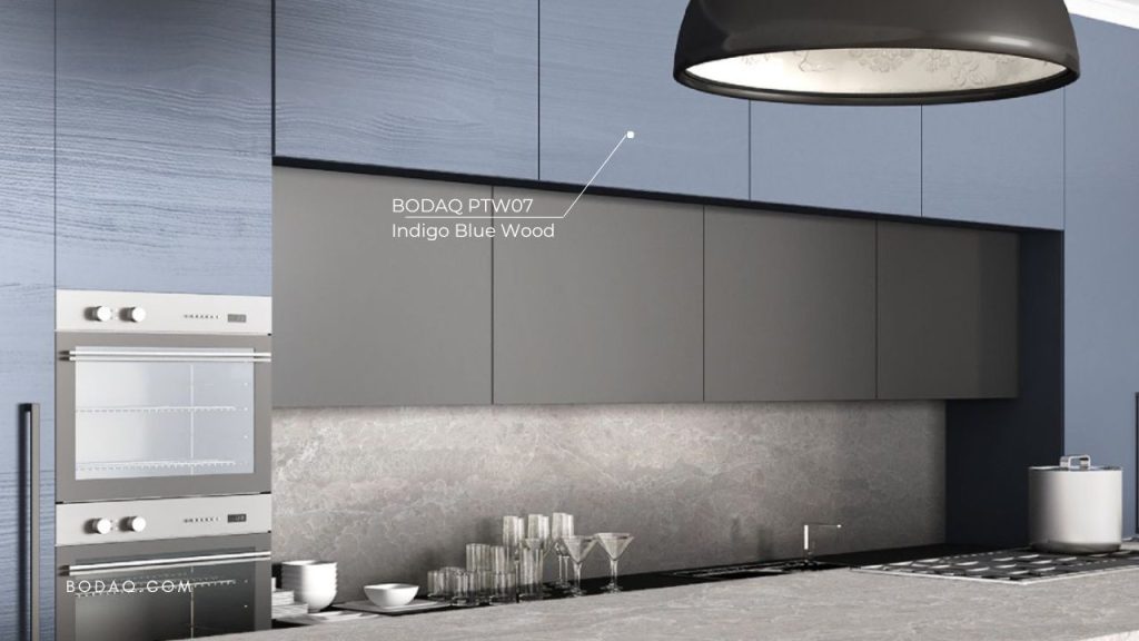Indigo Blue Elegance: Exploring the PTW07 Wood Pattern 11 PTW07 Indigo Blue Wood on the kitchen cabinets