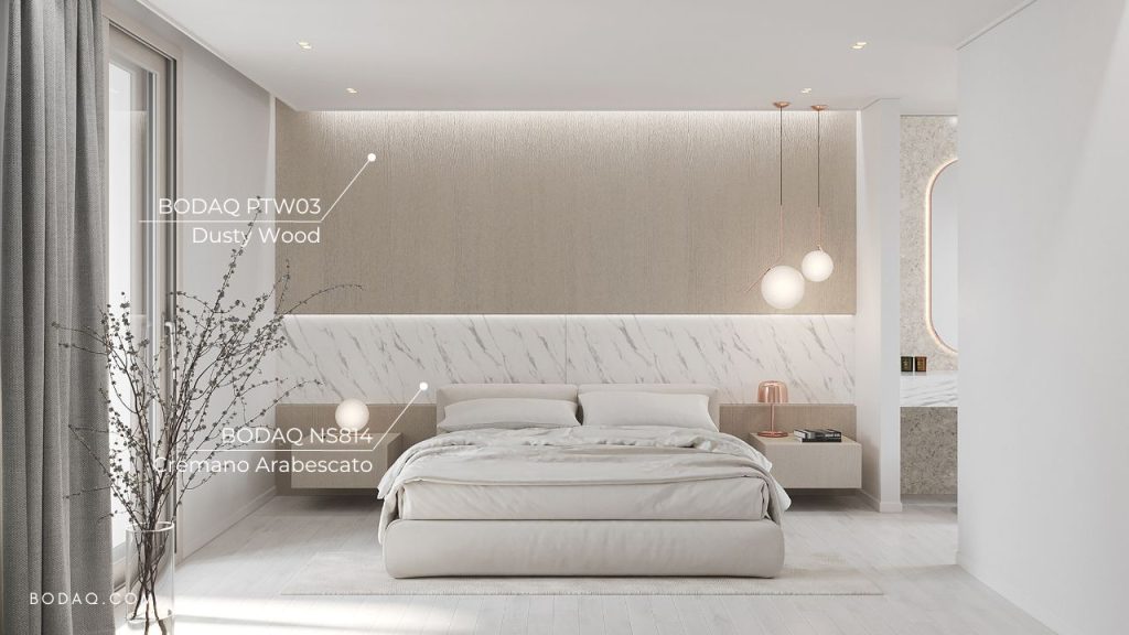 The Fusion of Traditional Asian Design and Bodaq Interior Film 8 Marble: NS814 Cremano Arabescato in the bedroom inspired by traditional Asian interior design