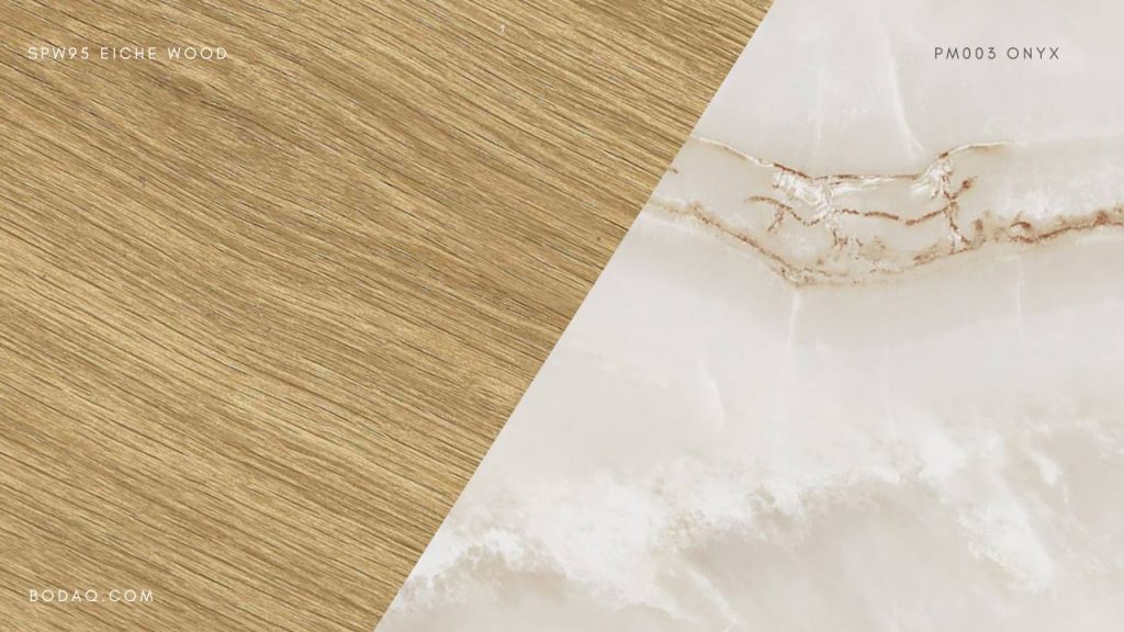 The Fusion of Traditional Asian Design and Bodaq Interior Film 4 SPW95 Eiche Wood and PM003 Onyx - a perfect combination of wood and marble.
