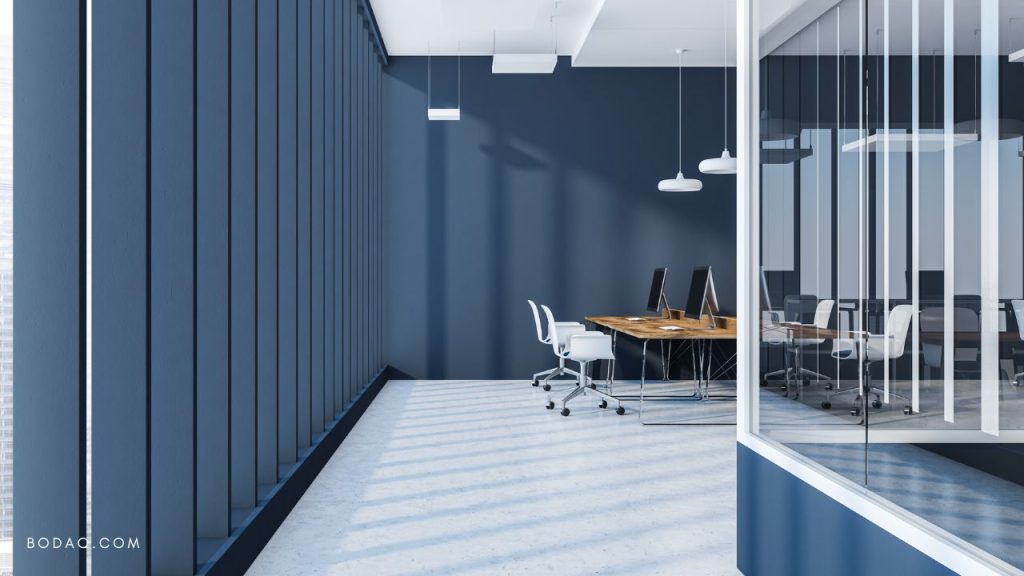 Indigo Blue Elegance: Exploring the PTW07 Wood Pattern 12 Indigo blue in an office space