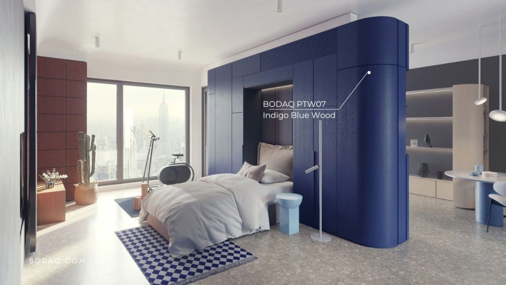 Indigo Blue Elegance: Exploring the PTW07 Wood Pattern 10 PTW07 Indigo Blue Wood in the bedroom