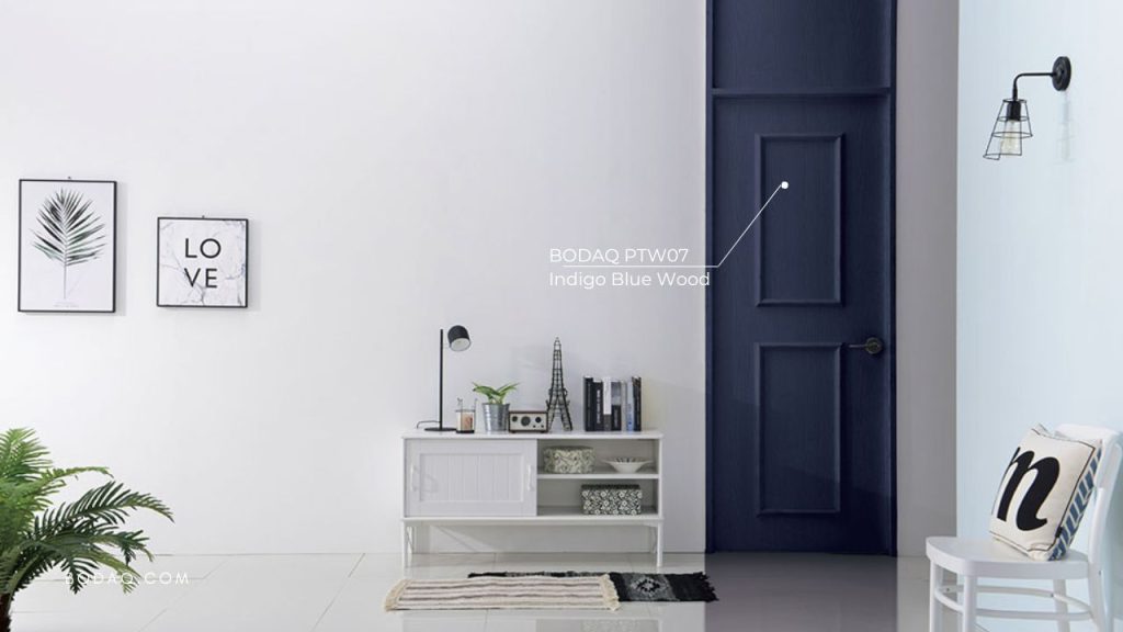 Indigo Blue Elegance: Exploring the PTW07 Wood Pattern 7 PTW07 Indigo Blue Wood on the door