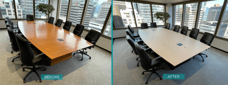 Hotel & Office Renovations: Why Interior Film Wins Over Replacement 1 Before After Aura Office Table